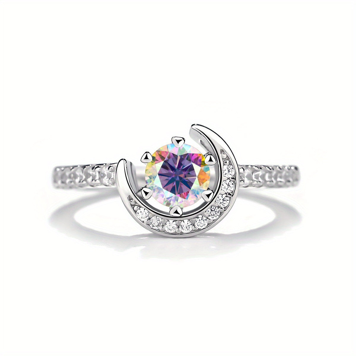 925 Silver Moissanite Moon Ring Women's Colourful Round Cut Vintage Elegant Birthday Gift Mother's Day Gift Wedding Engagement Anniversary Gift Best Gift for Girlfriend Daily Wear
