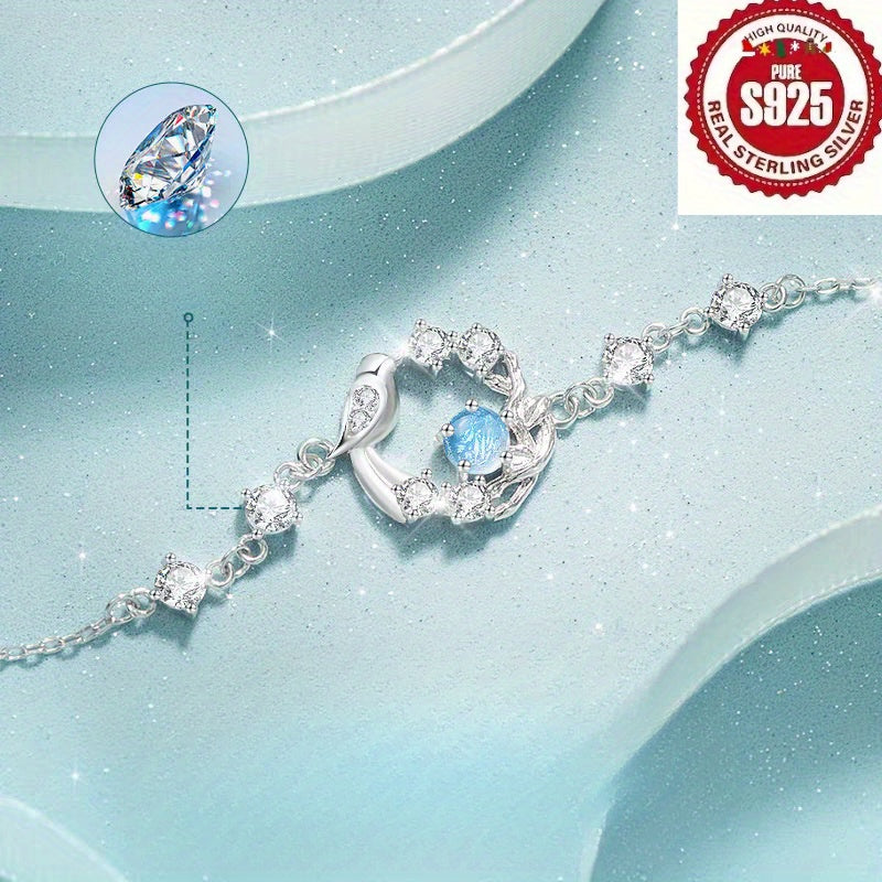 925 Sterling Silvery Anti-Allergic Blue Eucalyptus and Bird Bracelet - Using Synthetic Cubic Zirconia, Beautiful, Elegant, Luxurious and Sexy - Perfect Gift for Valentine's Day, Birthday or Anniversary, Daily Wear