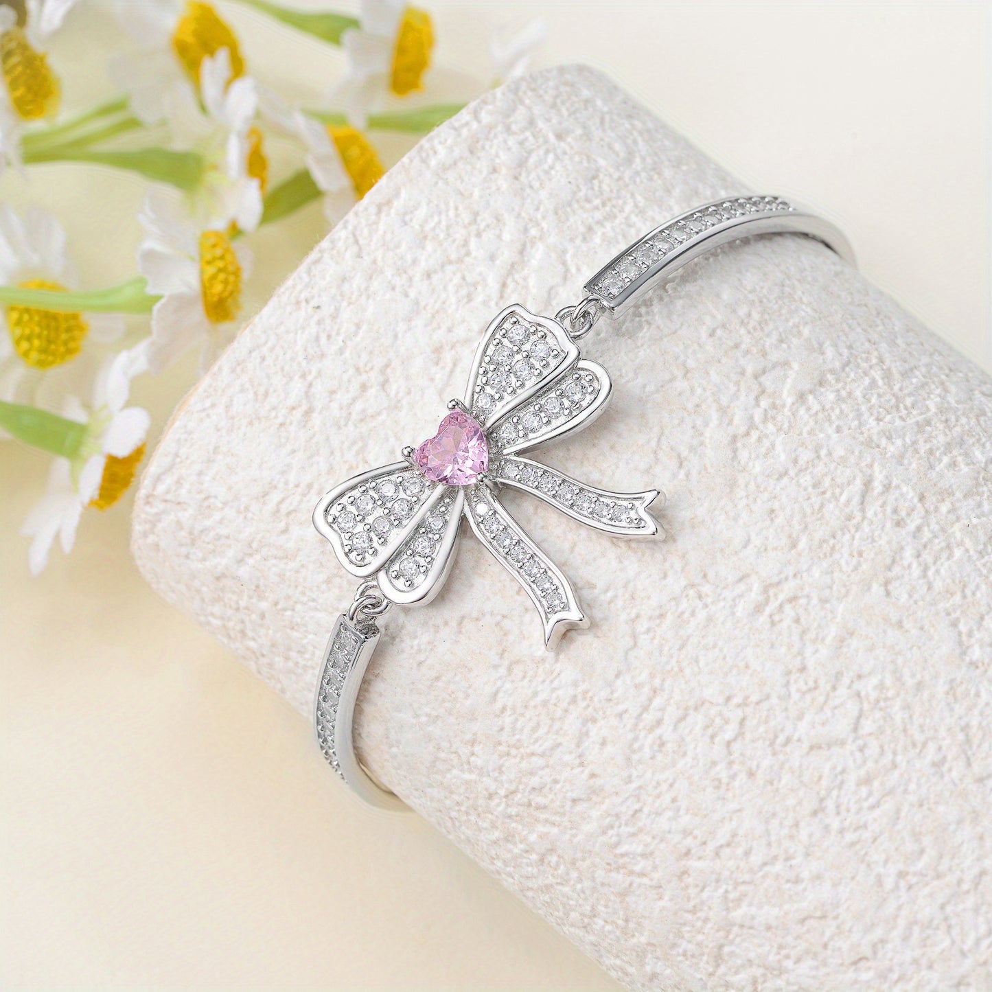 Bow Bangle Bracelet for Women 925 Sterling Silvery Bracelet Synthetic Zirconia Bow Knot Cuff Jewelry Gifts