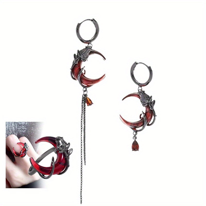 3pcs fashionable, exquisite and elegant red crescent-shaped asymmetrical tassels, niche, unique, high-end sweet and cool earrings, ring sets and ornaments