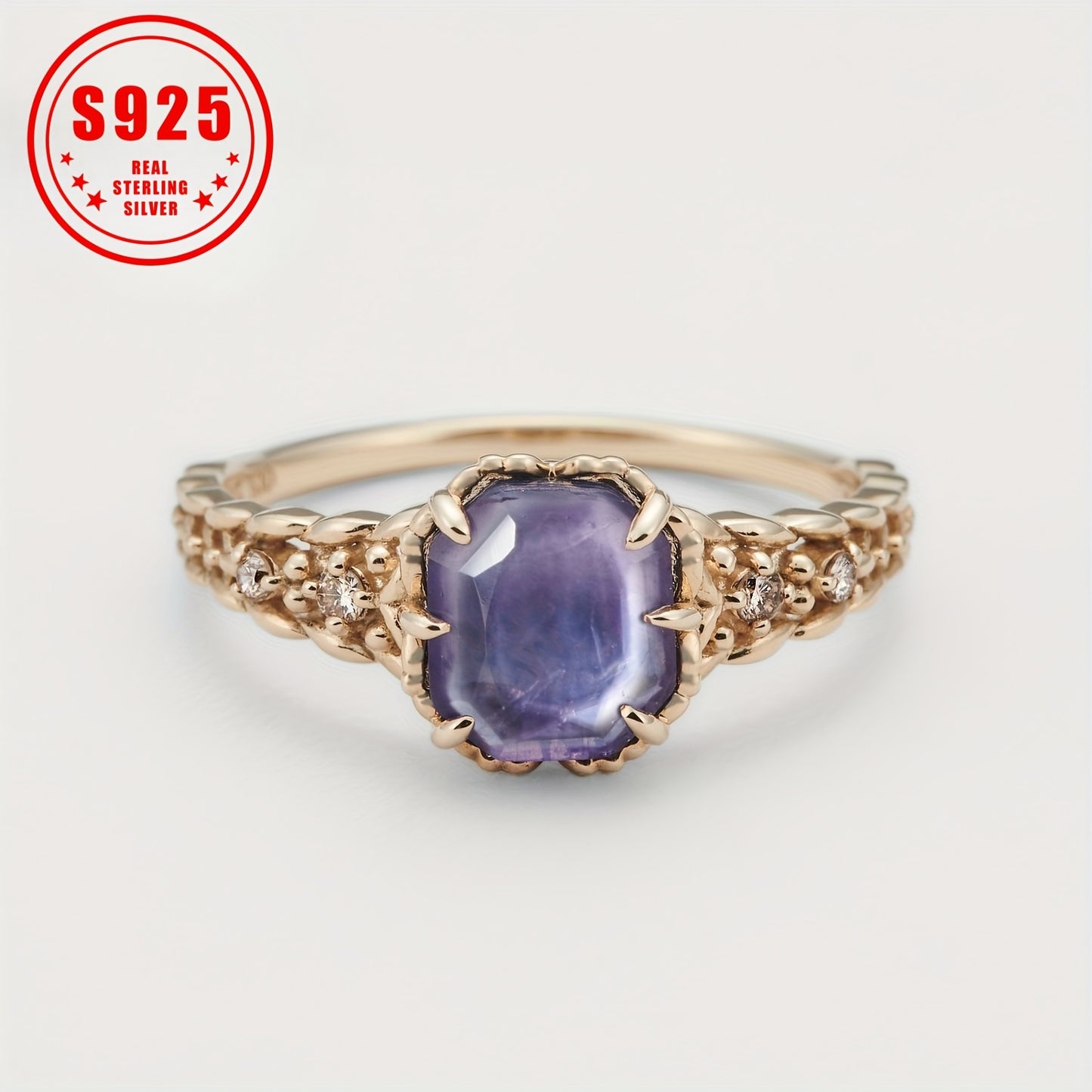 Light Luxury Ring Happiness Olive Leaf Ring S925 Silvery three layer artificial stone amethyst ring.1.5g\u002F 0.05oz