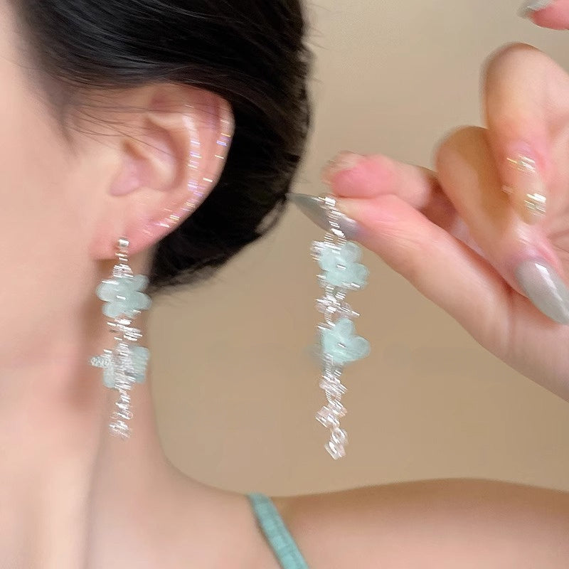 1pc fresh and light blue floral tassel earrings, a long and elegant summer forest-style vacation accessory