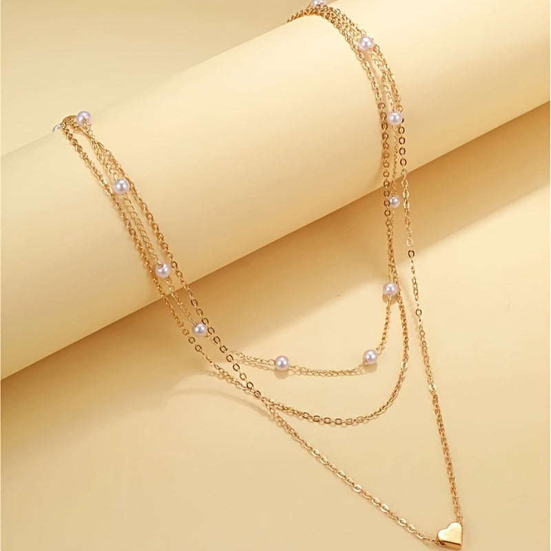 3pcs Ladies Heart Charm Faux Imitation Pearl Necklace Stackable Iron Necklace Female Jewelry Gift