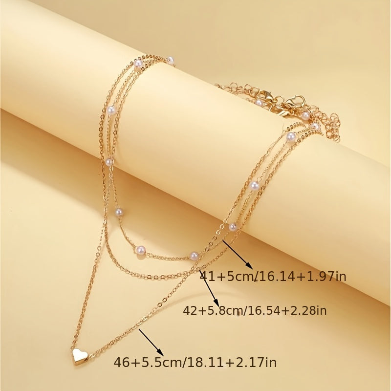 3pcs Ladies Heart Charm Faux Imitation Pearl Necklace Stackable Iron Necklace Female Jewelry Gift
