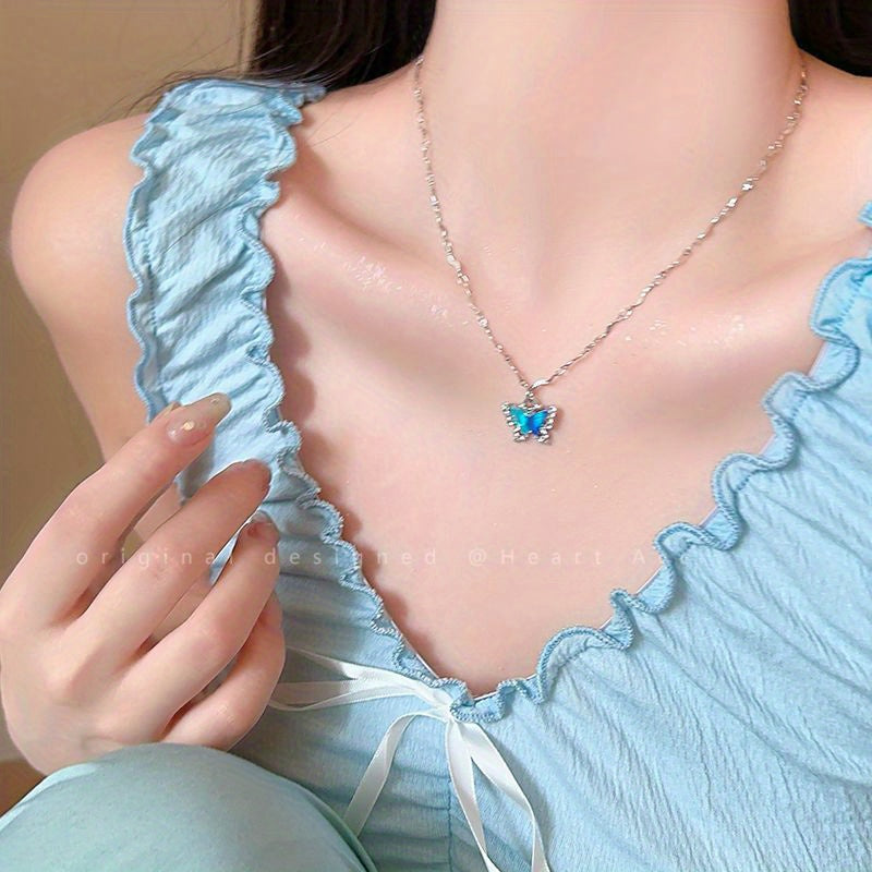 Ocean Color Summer Cool Feeling Double-Layer Butterfly Necklace for Women - Light Luxury Niche Collarbone Chain, Zinc Alloy, Elegant & Sexy Style, Perfect for Parties & Banquets