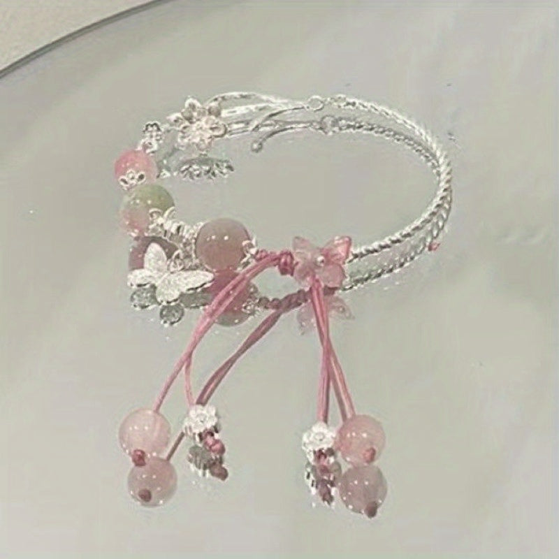 Spring Cherry Blossom Pink Butterfly Bracelet Valentine's Day Temperament Exquisite Design Bracelet High Value Chinese Style Sweet Student Hand Jewelry to Send Girlfriends