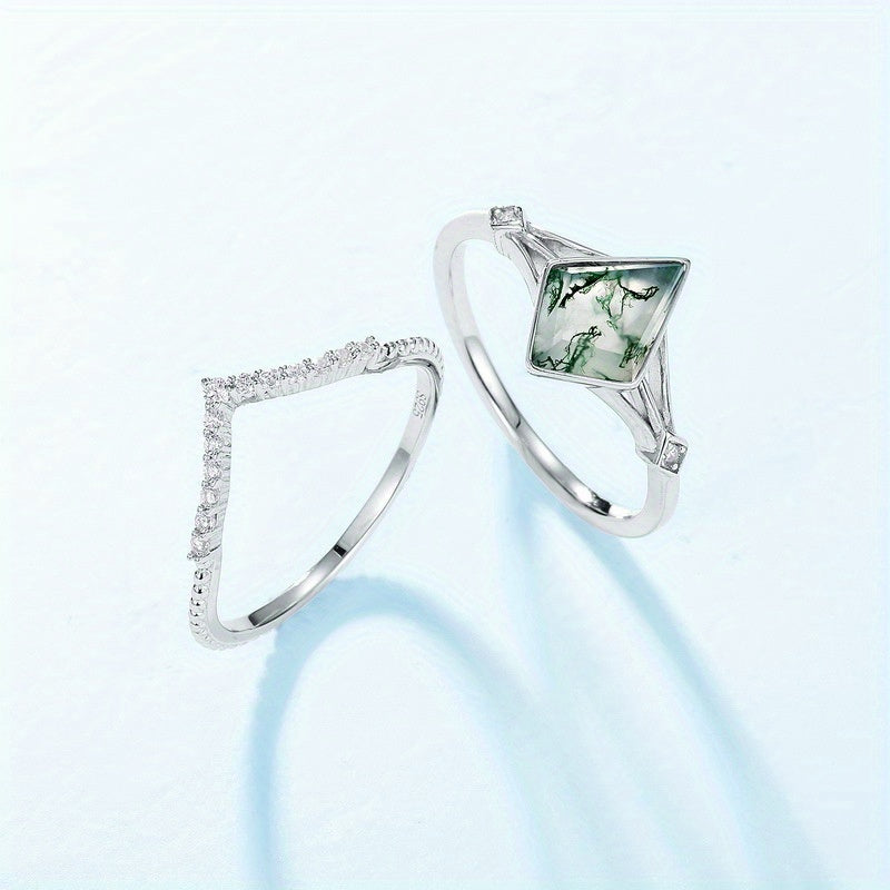 1pc geometric aquatic agate ring S925 925 Silver natural green moss stone combination ring, set ring, the best gift for family during wedding season and Mother's Day