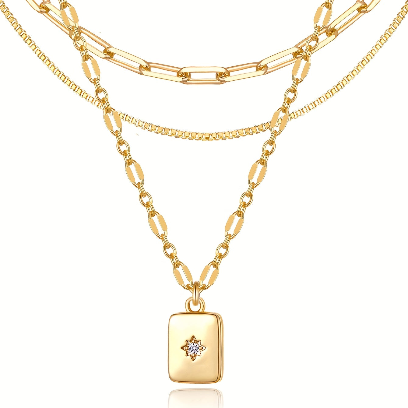 3pcs\u002Fset Multi-Layer Simple Stacks Cubic Synthetic Zirconia Rectangle Charm with Star Pendant Necklace for Women Paperclip Shining Lip Link Chain Necklace Party Gift Jewelry