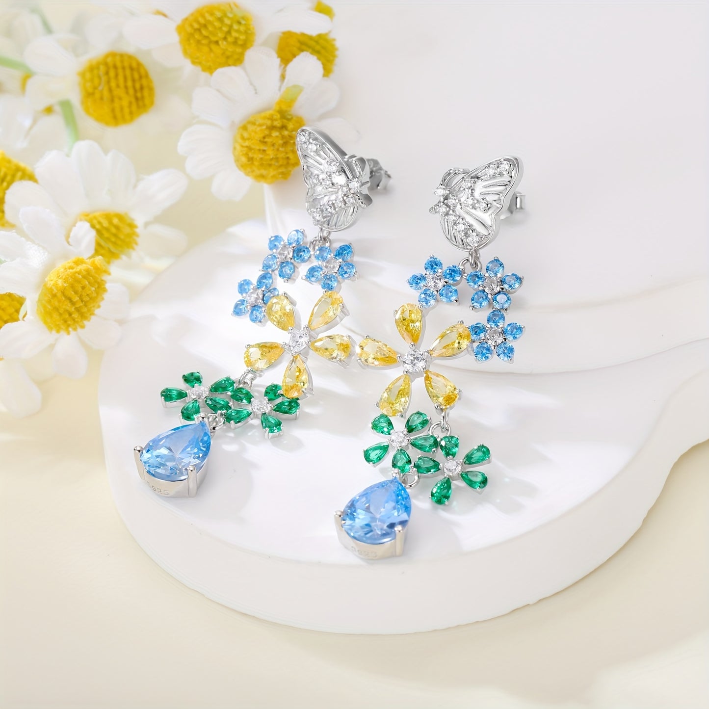 925 Sterling Silvery Butterfly and Flower Tassel Earrings for Women, Elegant and Cute Style Ear Jewelry