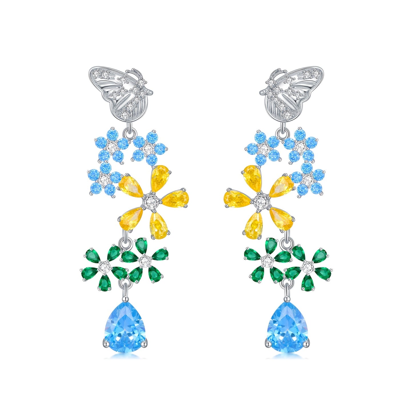 925 Sterling Silvery Butterfly and Flower Tassel Earrings for Women, Elegant and Cute Style Ear Jewelry