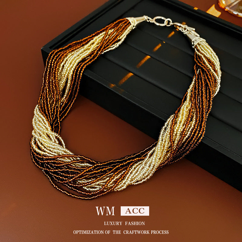 French retro wrapped rice bead multi-layer necklace, fashionable collarbone chain, light luxury and high-end accessories