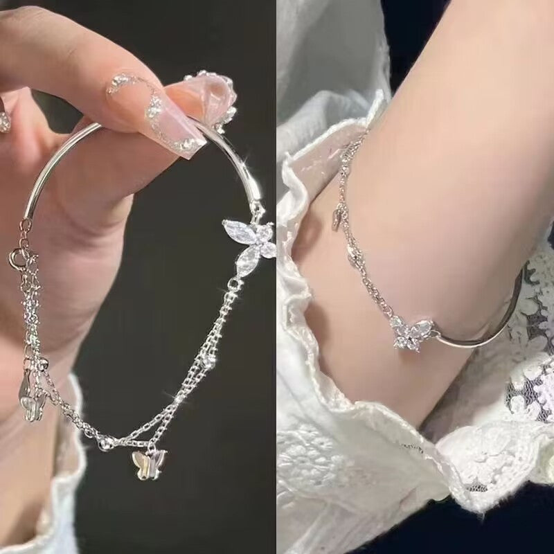Korean-Style Butterfly Charm Bracelet for Women - Alloy Minimalist Chain Jewelry with Green Gemstone Accents, Versatile Casual Attire & Gift for Best Friend, All-Season Dainty Accessory
