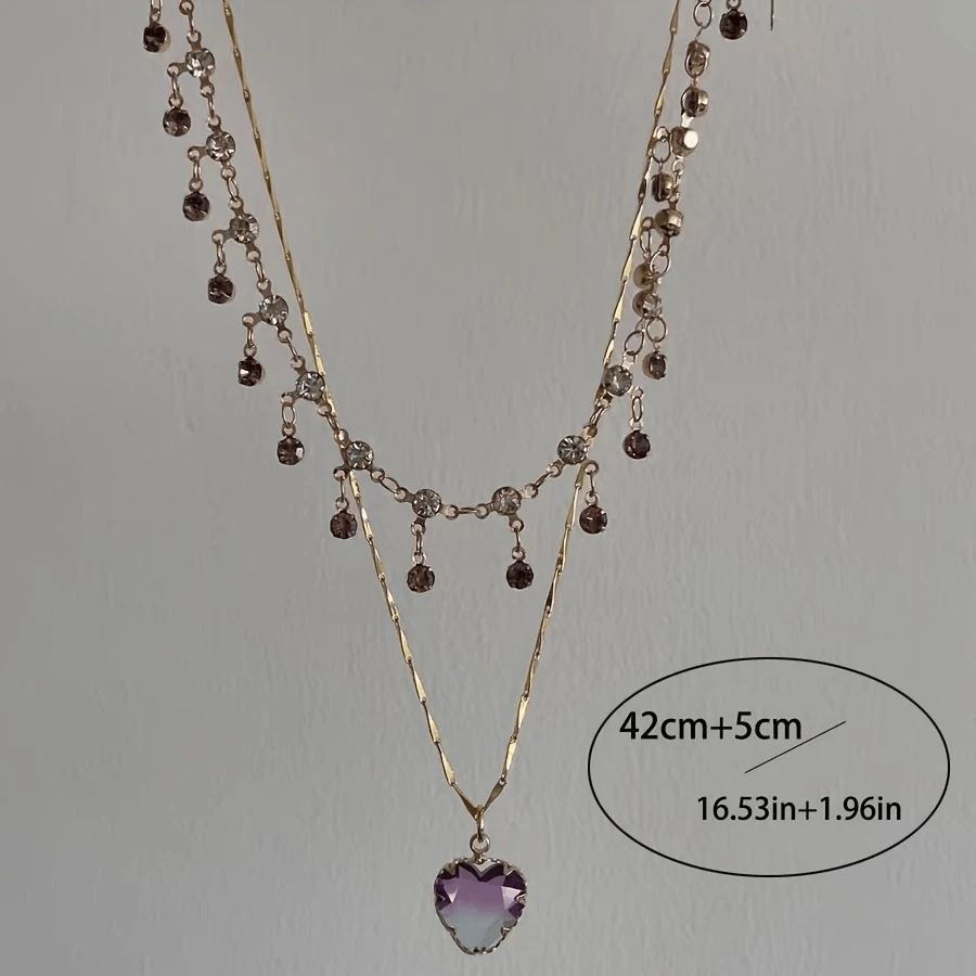Elegant Purple Heart Pendant Necklace for Women - Double Layered Clavicle Chain with Copper, Perfect for Daily Wear or Parties, Daily Wear Necklace | Frenchinspired Jewelry | Copper Chain Necklace
