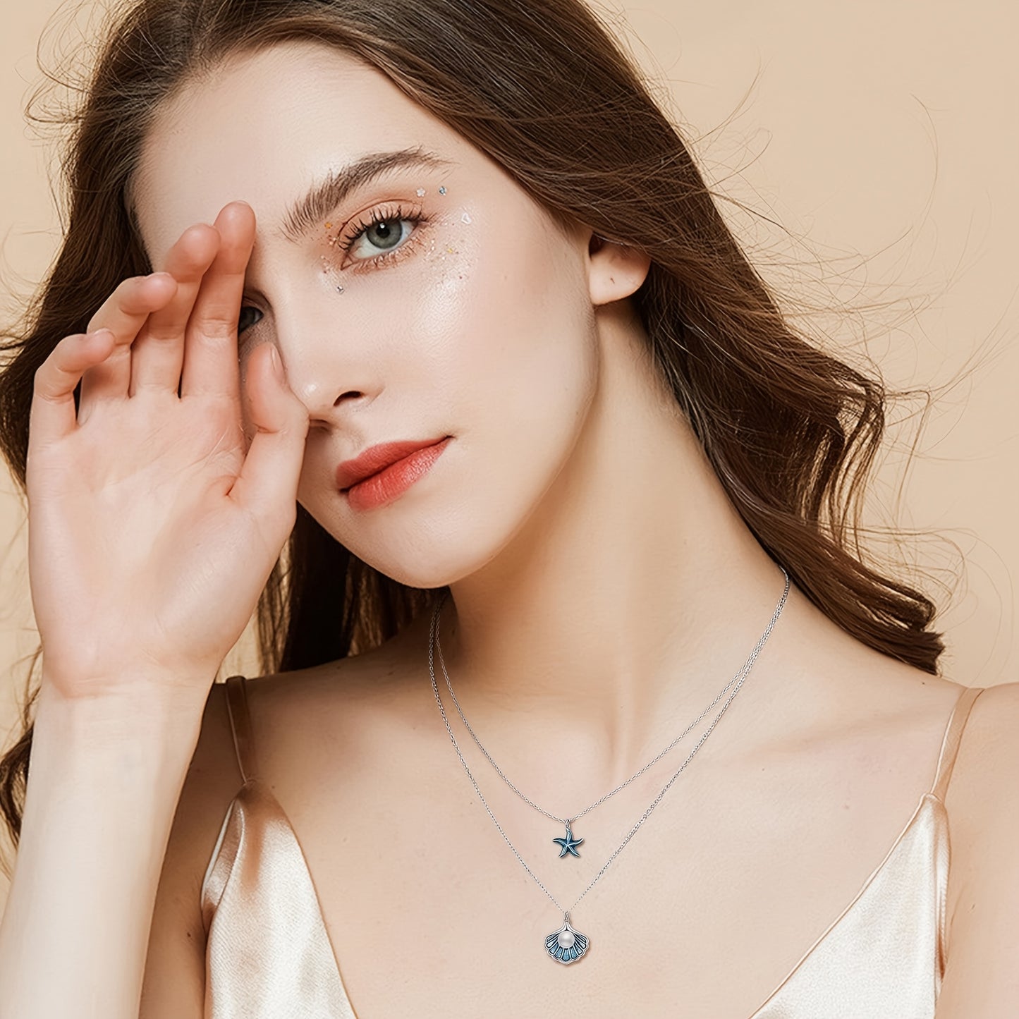 Shell Starfish Layered Necklace 925 Sterling Silver Pearl Seashell Starfish Double Layering Pendant Necklaces Ocean Jewelry for Women