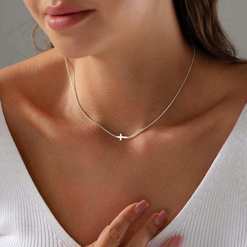 Cross Necklace for Women Silvery Plated Dainty Small Cross Pendant Choker Simple Trendy Cute Cross Charm Chain Necklace Faith Jewelry Religious Minimalist Gift