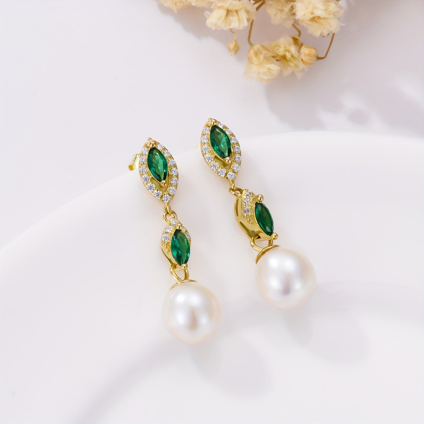 Pearl Dangle Earrings For Women 925 Sterling Silver Long Dangle Natural Earrings Golden Plated Stud Earrings With Green Cubic Zirconia Pearl Jewelry For Wife Girlfriend
