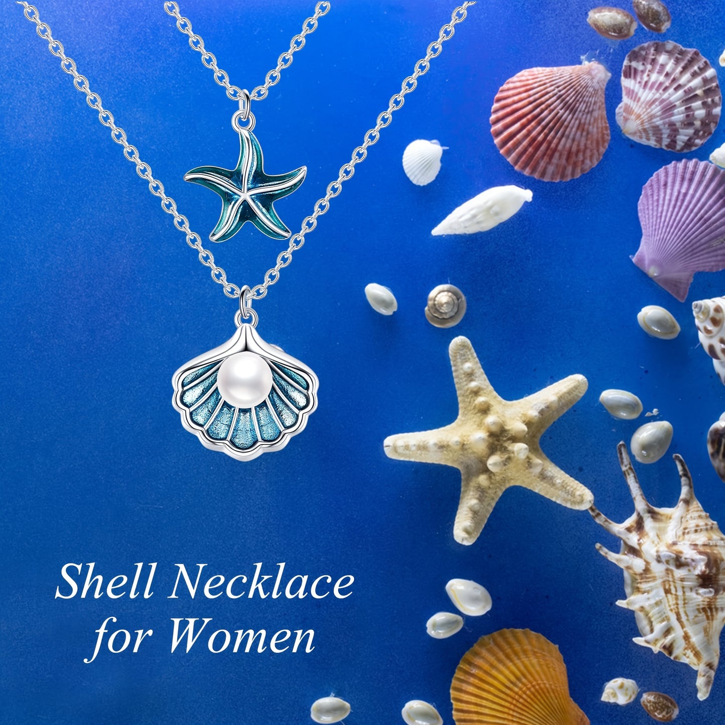 Shell Starfish Layered Necklace 925 Sterling Silver Pearl Seashell Starfish Double Layering Pendant Necklaces Ocean Jewelry for Women