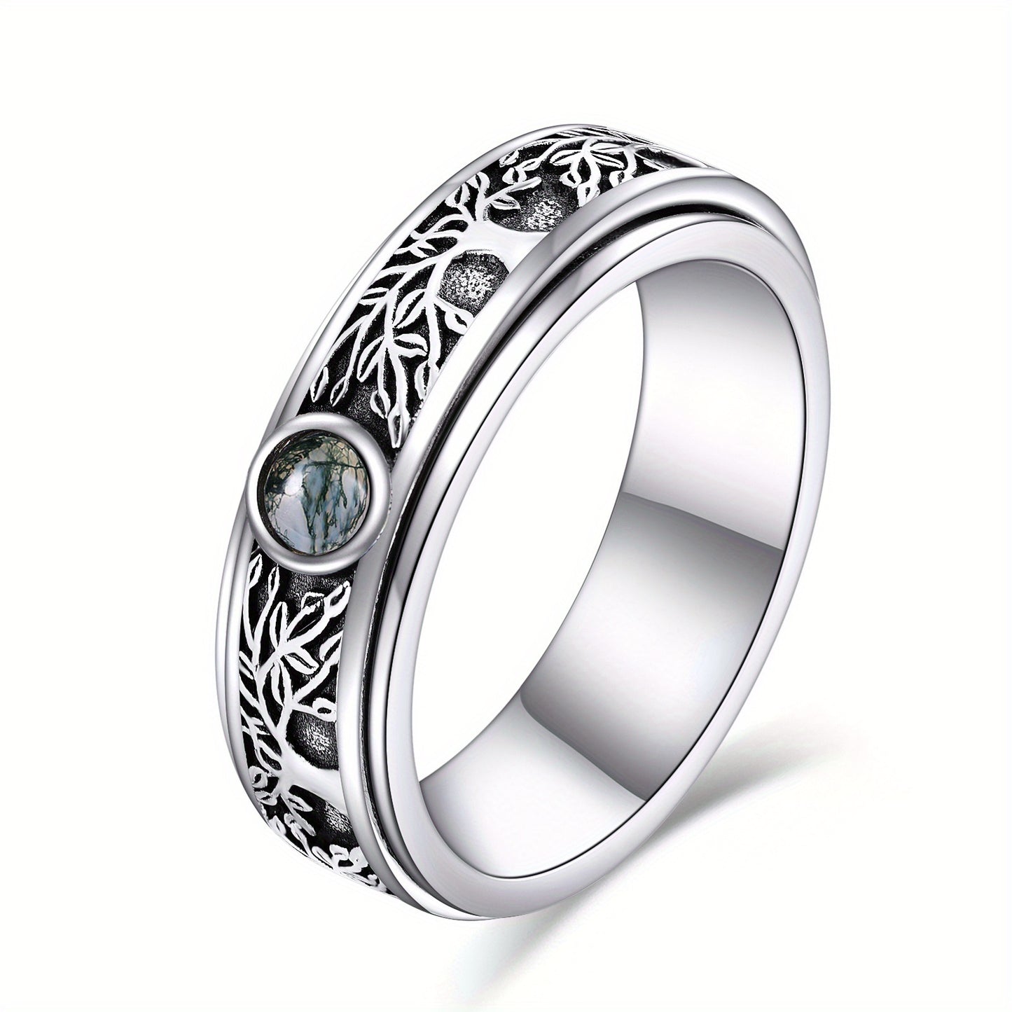 Sterling Silver Tree of Life Spinning Rings Moss Onyx Rotatable Rings for Women and Men