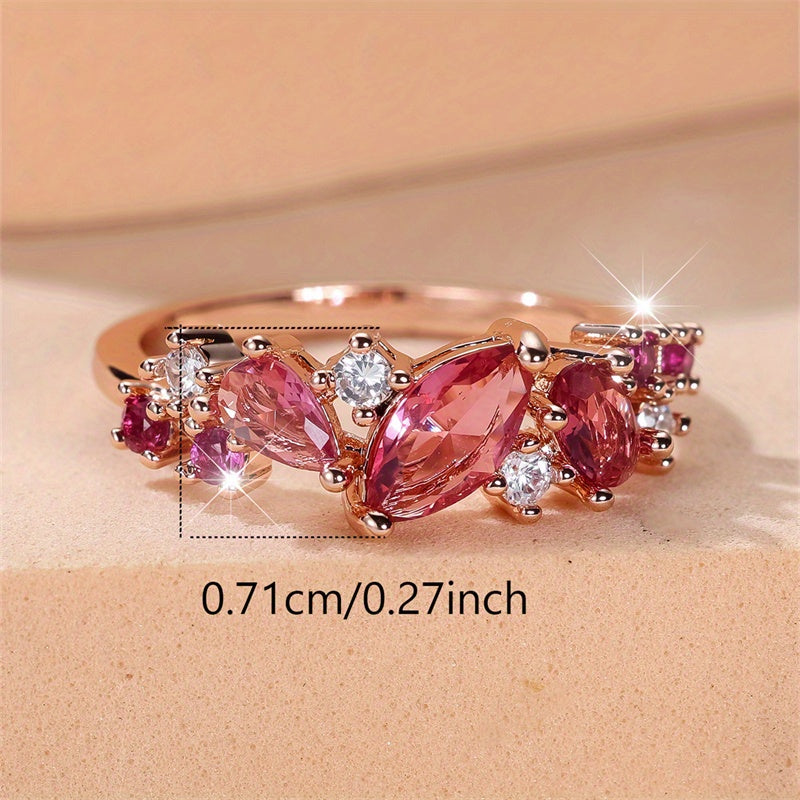 Elegant Rose Red Synthetic Zirconia Rose Golden Plated Ring, Luxury Ladies Party Gathering Holiday Daily Wear, Suitable for All Seasons
