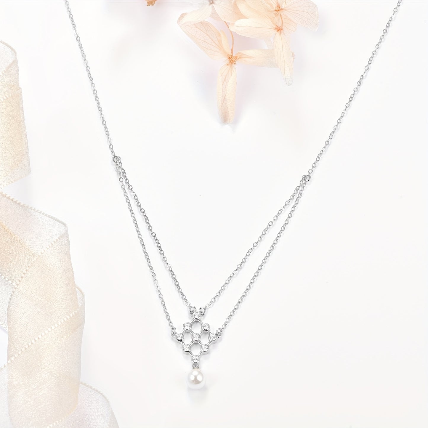Imitation Pearl Necklace 925 Pure Silvery White Single Imitation Pearl Necklace Multi-layered Imitation Pearl Necklace with Pendant Imitation Pearl Jewelry Women's Gift, Best for Christmas