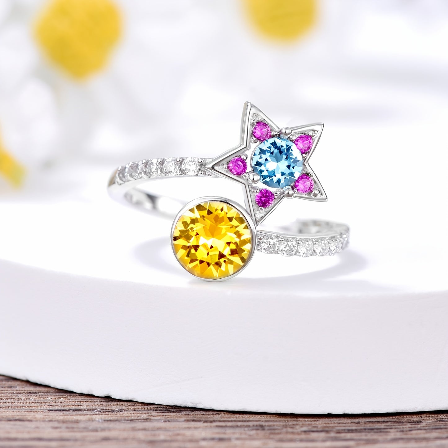 Dainty Star&Moon Crystal Rings for Women 925 Sterling Silver Colored Crystal Ring Gemstone White Gold Plated Ring for Women