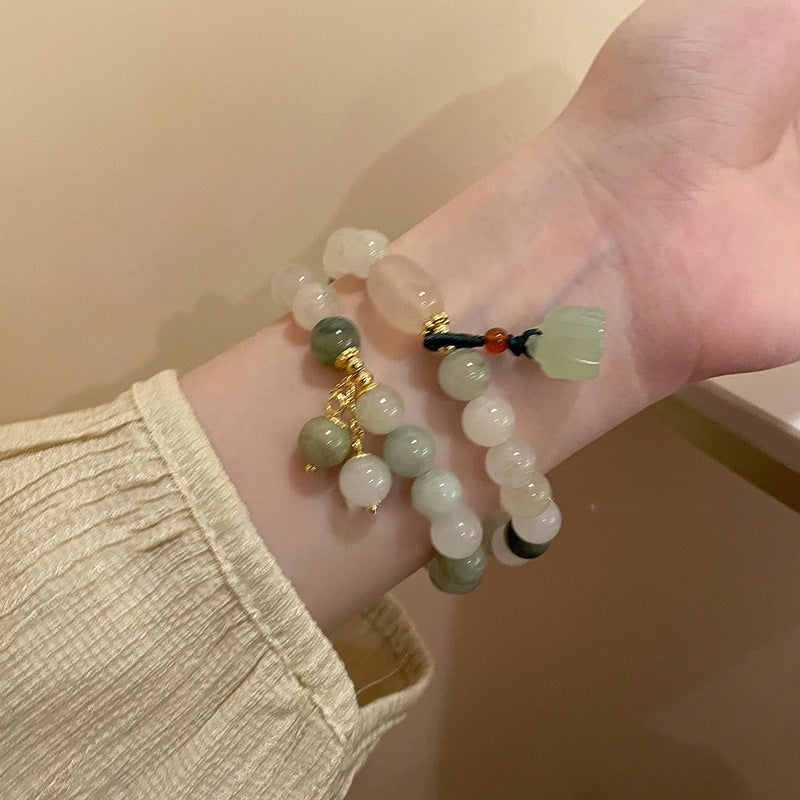 Elegant for Lotus Pendant Bracelet with Geometric Beads – Stylish Zinc Alloy Hand Ornament for Women, Perfect Gift for Girlfriend or Couple, Green and White Beads with Golden Accents, Casual Attire or Vacation Style