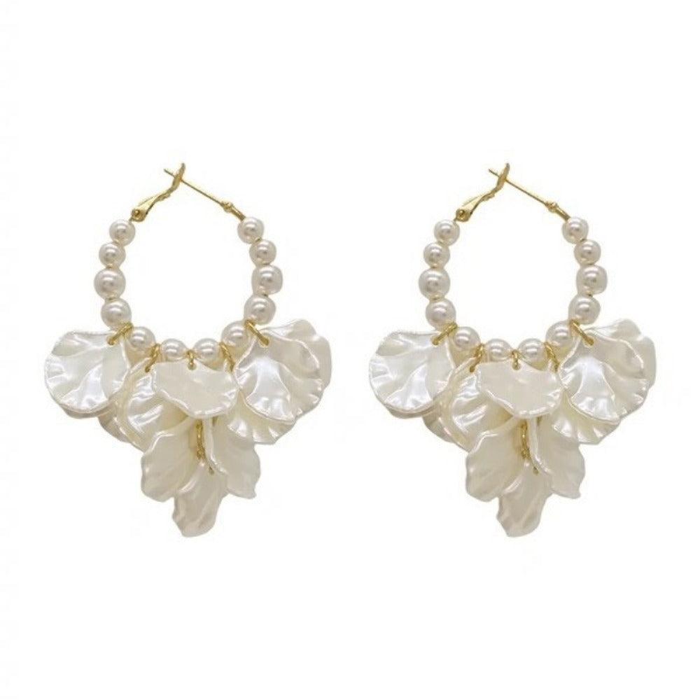 Elegant Faux Imitation Pearl Petal Tassel Earrings - Golden-Tone Leaf Design, Long Dangling Style for Women, Perfect for Parties & Casual Attire, Elegant Wear | Cascading Tassel Design | Goldtone Accents, Cute Earrings