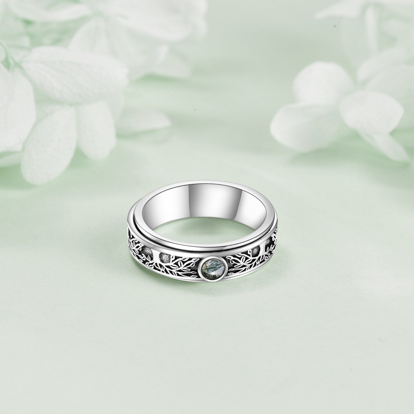 Sterling Silver Tree of Life Spinning Rings Moss Onyx Rotatable Rings for Women and Men