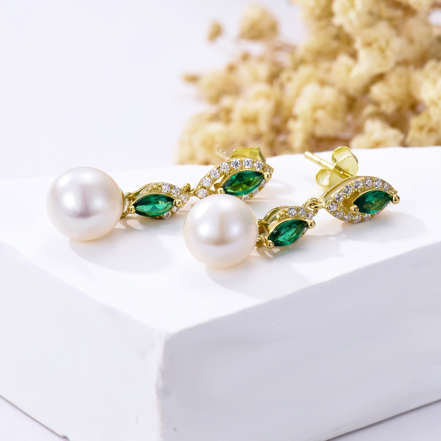 Pearl Dangle Earrings For Women 925 Sterling Silver Long Dangle Natural Earrings Golden Plated Stud Earrings With Green Cubic Zirconia Pearl Jewelry For Wife Girlfriend