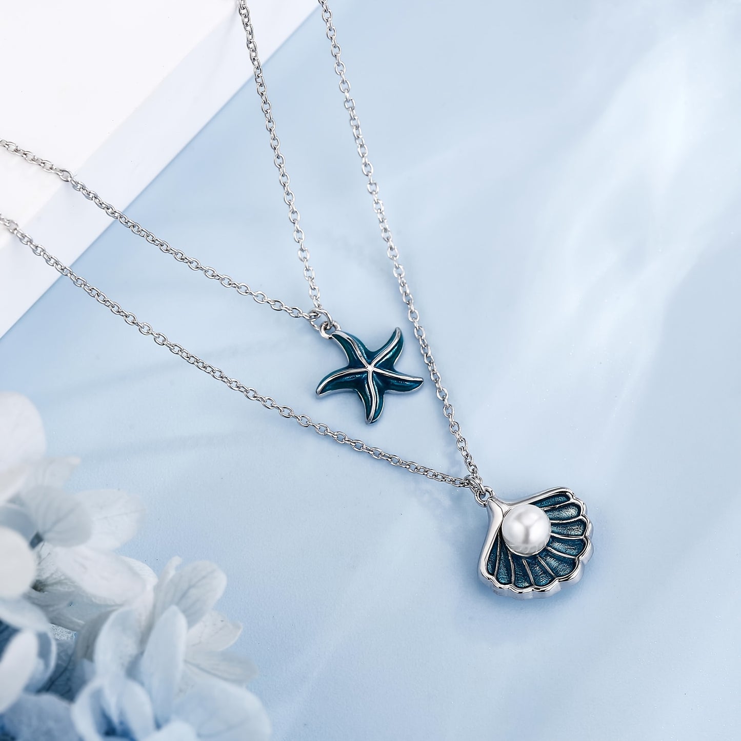 Shell Starfish Layered Necklace 925 Sterling Silver Pearl Seashell Starfish Double Layering Pendant Necklaces Ocean Jewelry for Women