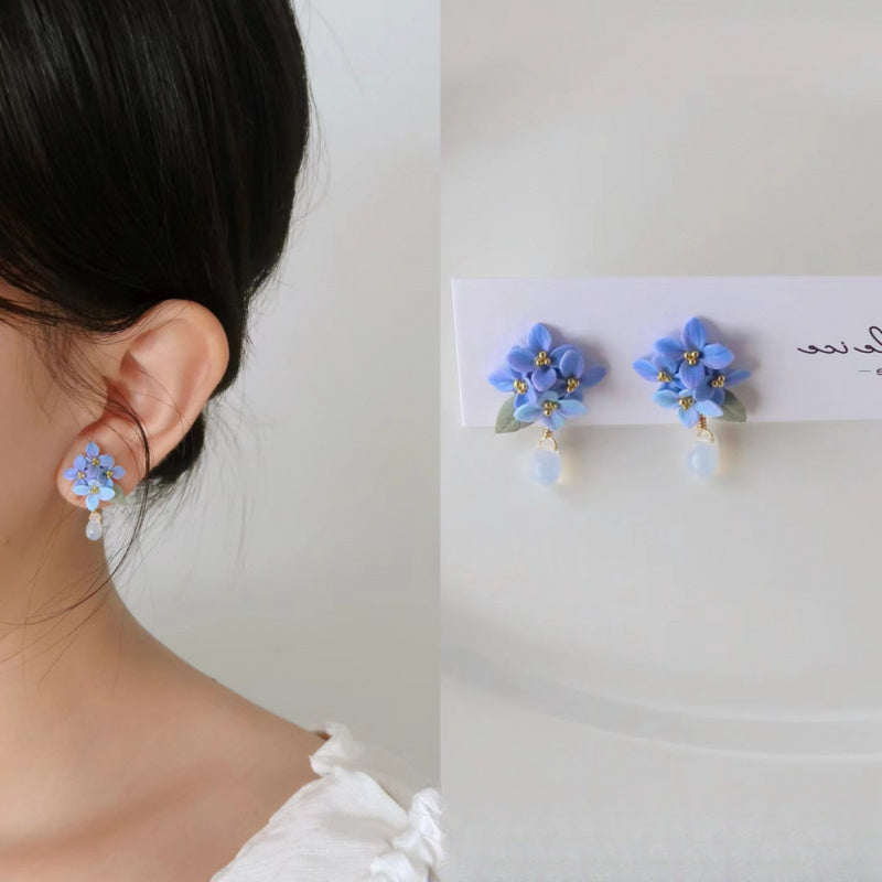 New frsh blu gradient flower small and fres earrings 2025 niche new s' gifts earrings and ear clips fr women