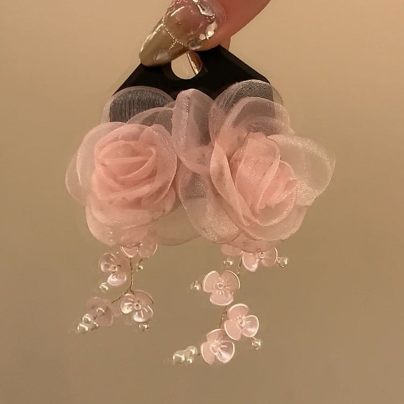 1 pair of Seaside resort-style floral tassel long earrings, with high-end stud earrings and unique earrings women