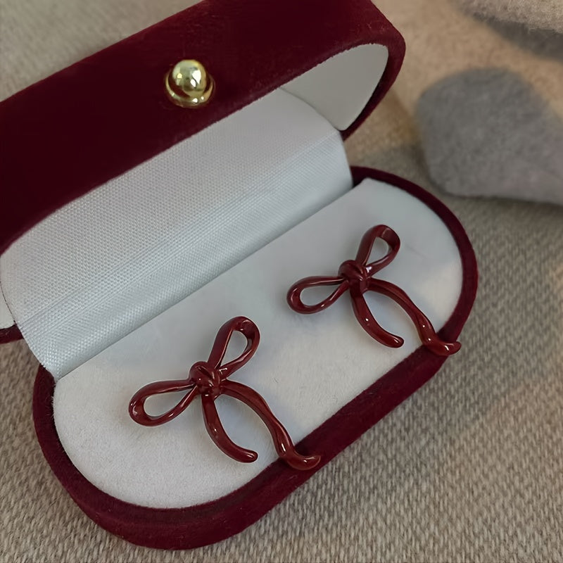 2 Pair of Elegant Hong Kong Style Red Bow Earrings for Women, Trendy High-End Earrings, Niche Design Earrings, High-End And Elegant
