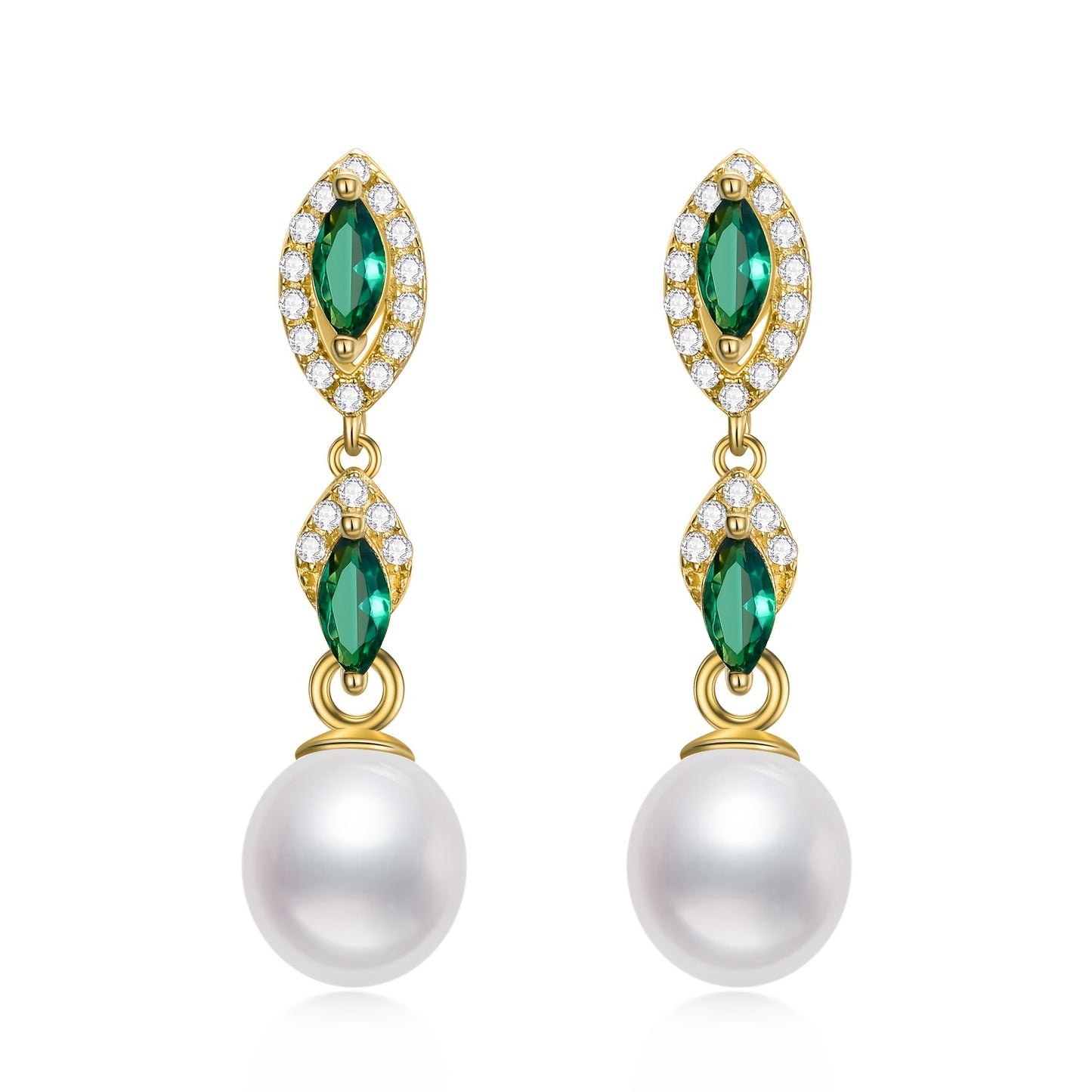 Pearl Dangle Earrings For Women 925 Sterling Silver Long Dangle Natural Earrings Golden Plated Stud Earrings With Green Cubic Zirconia Pearl Jewelry For Wife Girlfriend