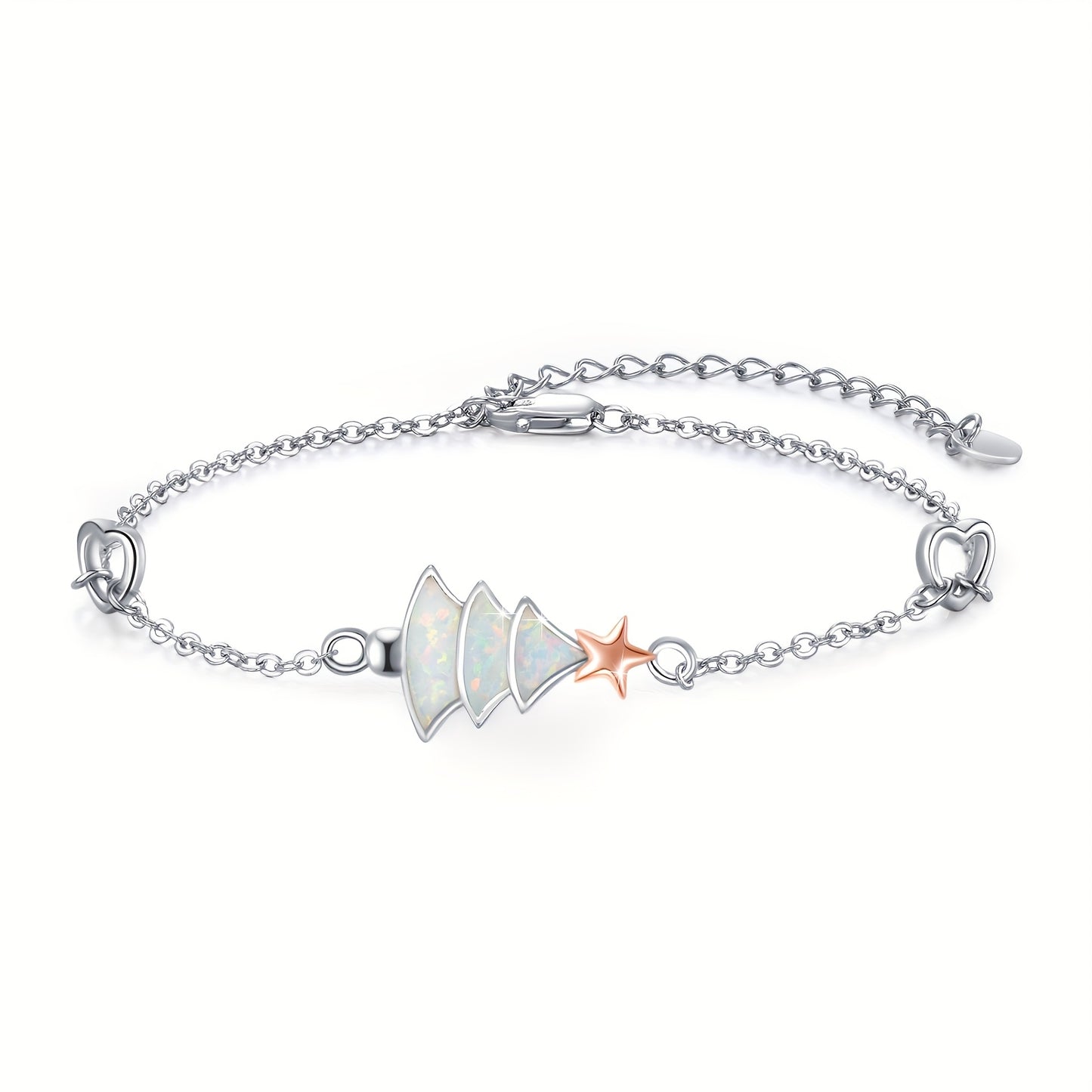 Christmas Tree Bracelet for Women, 925 Sterling Silvery Christmas Tree Bracelet with Adjustable Synthetic Australian Synthetic Opal Beads, Christmas Jewelry Gift for Ladies