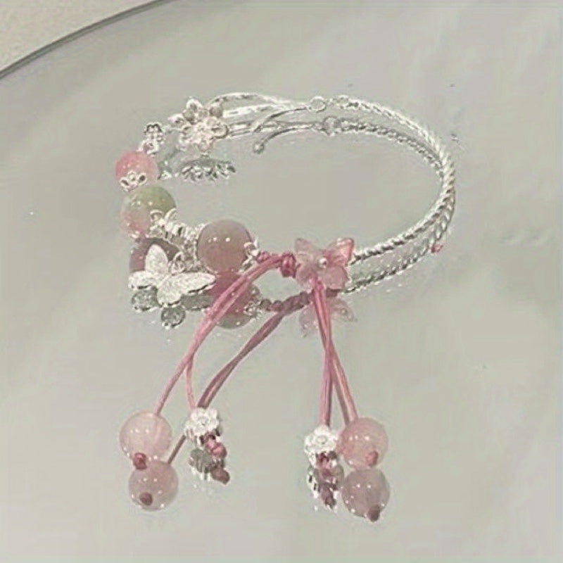 Spring Cherry Blossom Pink Butterfly Bracelet Valentine's Day Temperament Exquisite Design Bracelet High Value Chinese Style Sweet Student Hand Jewelry to Send Girlfriends