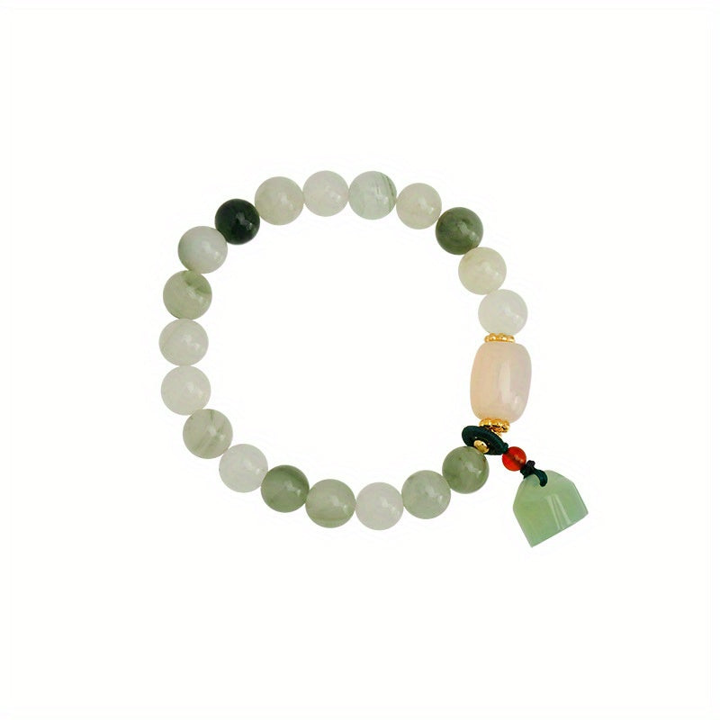 Elegant for Lotus Pendant Bracelet with Geometric Beads – Stylish Zinc Alloy Hand Ornament for Women, Perfect Gift for Girlfriend or Couple, Green and White Beads with Golden Accents, Casual Attire or Vacation Style
