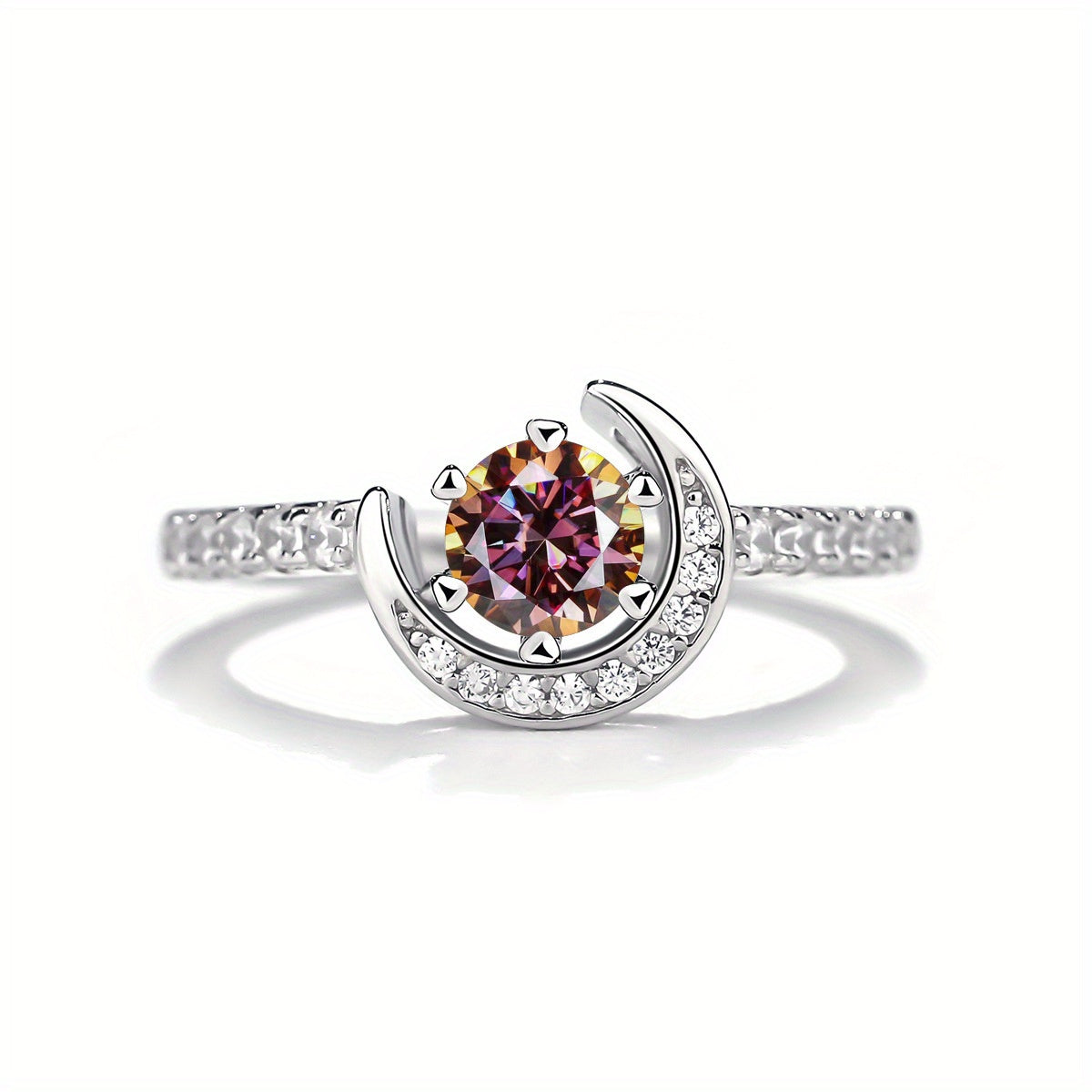 925 Silver Moissanite Moon Ring Women's Colourful Round Cut Vintage Elegant Birthday Gift Mother's Day Gift Wedding Engagement Anniversary Gift Best Gift for Girlfriend Daily Wear