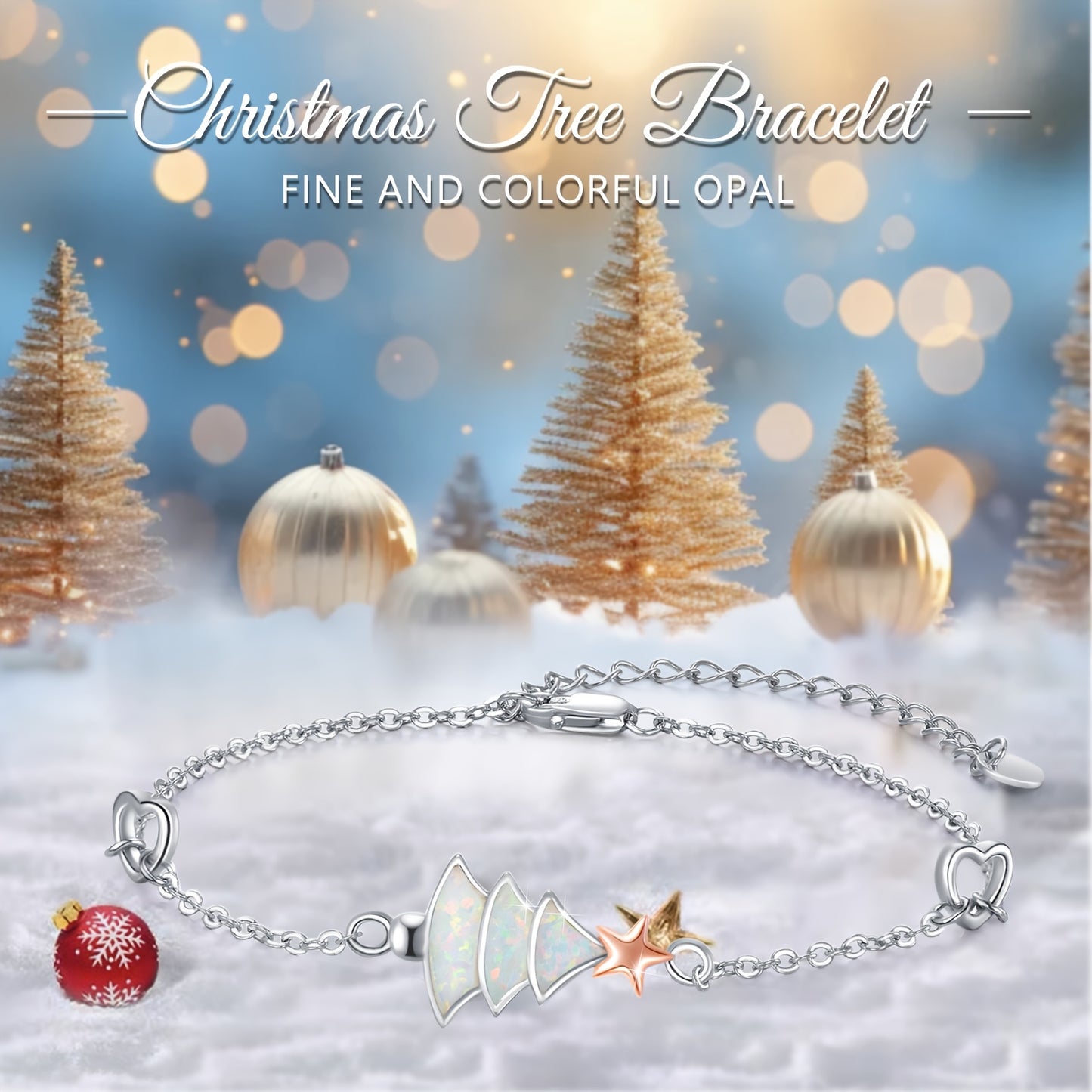 Christmas Tree Bracelet for Women, 925 Sterling Silvery Christmas Tree Bracelet with Adjustable Synthetic Australian Synthetic Opal Beads, Christmas Jewelry Gift for Ladies