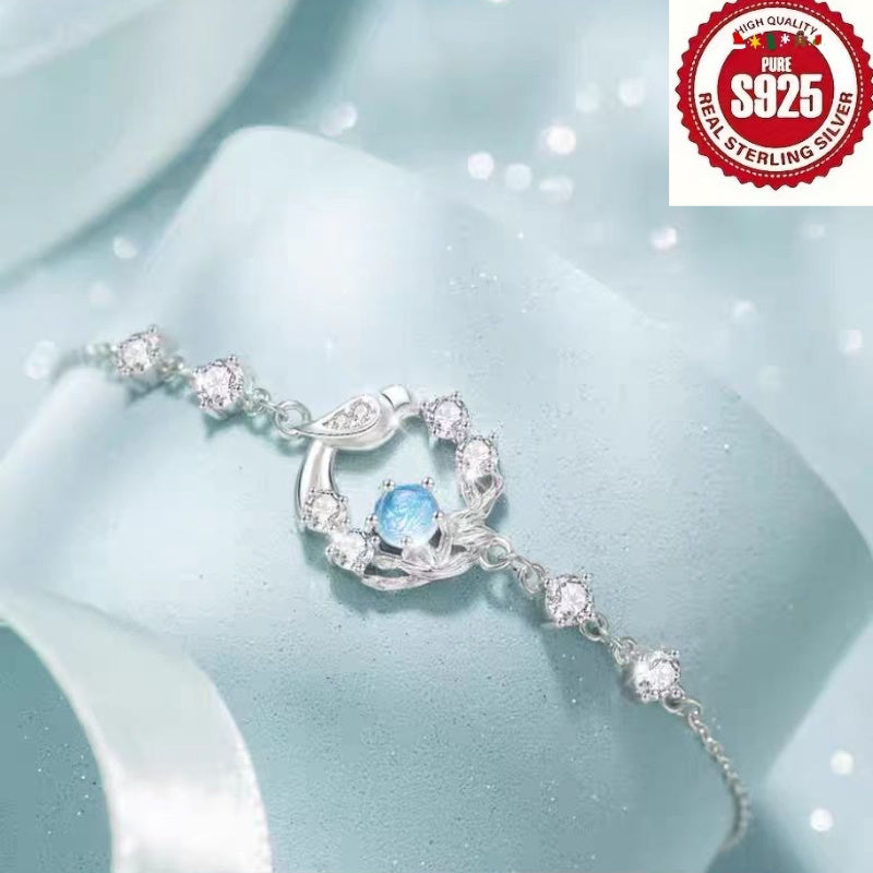 925 Sterling Silvery Anti-Allergic Blue Eucalyptus and Bird Bracelet - Using Synthetic Cubic Zirconia, Beautiful, Elegant, Luxurious and Sexy - Perfect Gift for Valentine's Day, Birthday or Anniversary, Daily Wear