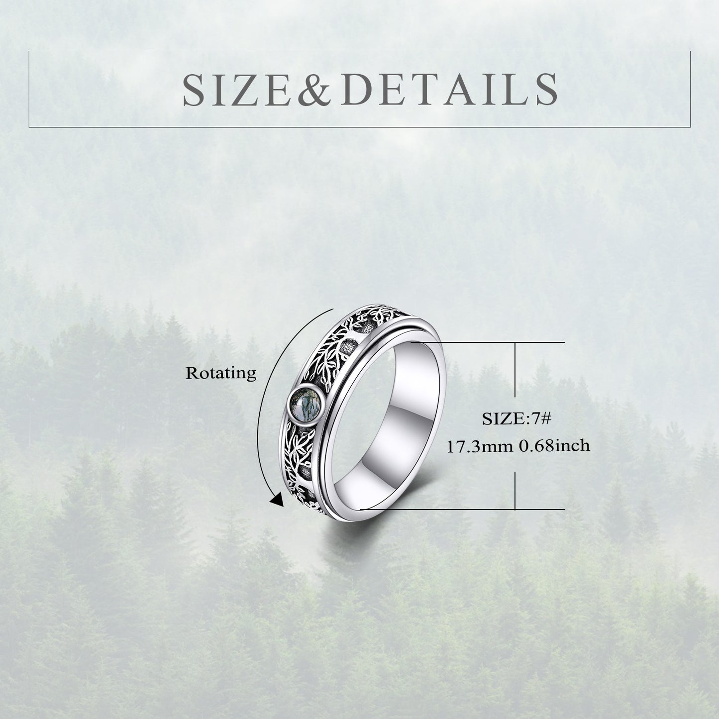 Sterling Silver Tree of Life Spinning Rings Moss Onyx Rotatable Rings for Women and Men