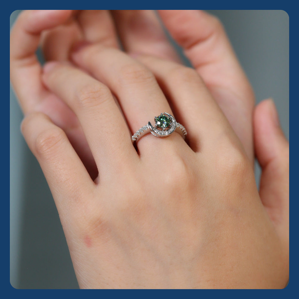 925 Silver Moissanite Moon Ring Women's Colourful Round Cut Vintage Elegant Birthday Gift Mother's Day Gift Wedding Engagement Anniversary Gift Best Gift for Girlfriend Daily Wear