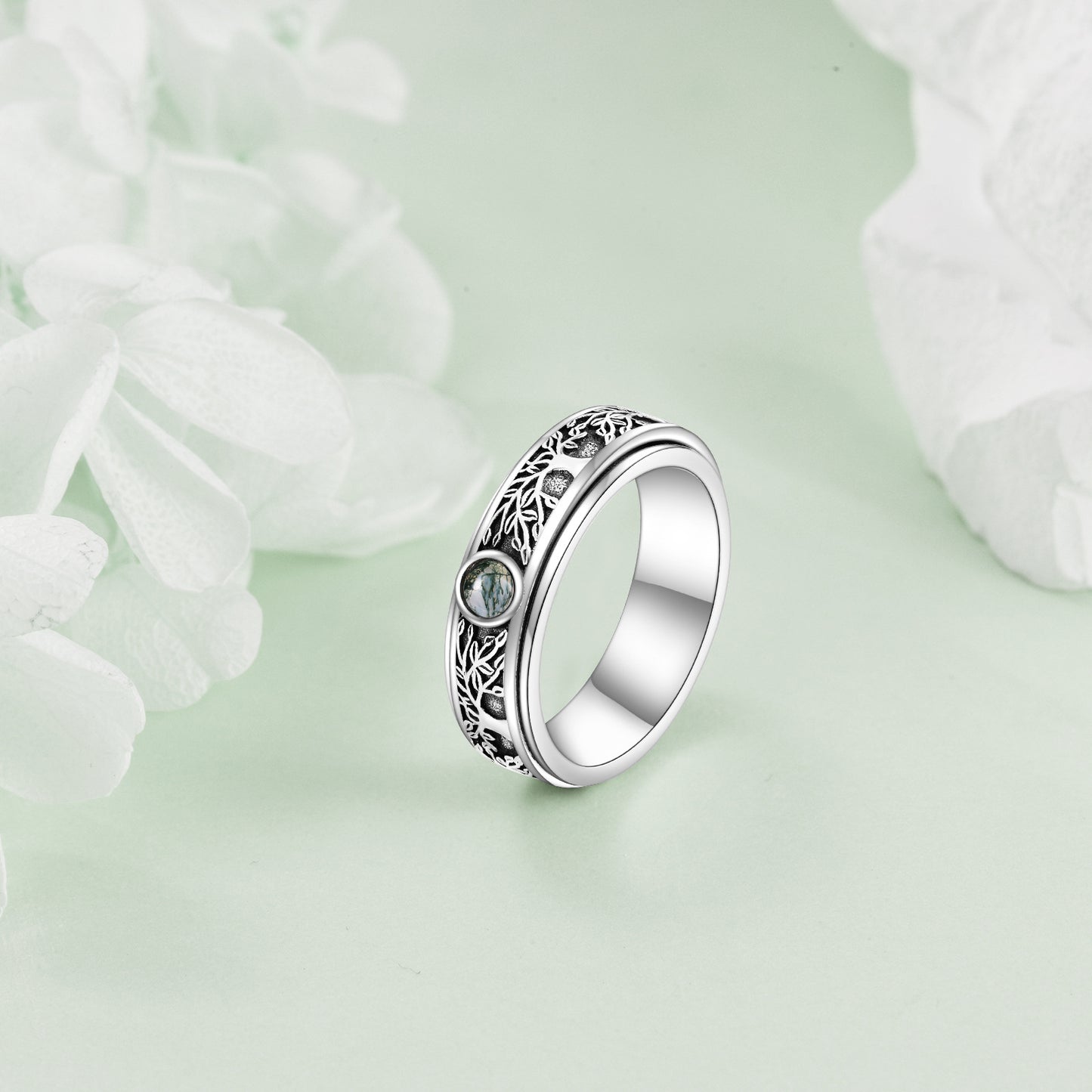 Sterling Silver Tree of Life Spinning Rings Moss Onyx Rotatable Rings for Women and Men
