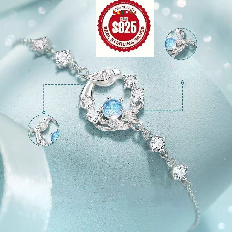 925 Sterling Silvery Anti-Allergic Blue Eucalyptus and Bird Bracelet - Using Synthetic Cubic Zirconia, Beautiful, Elegant, Luxurious and Sexy - Perfect Gift for Valentine's Day, Birthday or Anniversary, Daily Wear