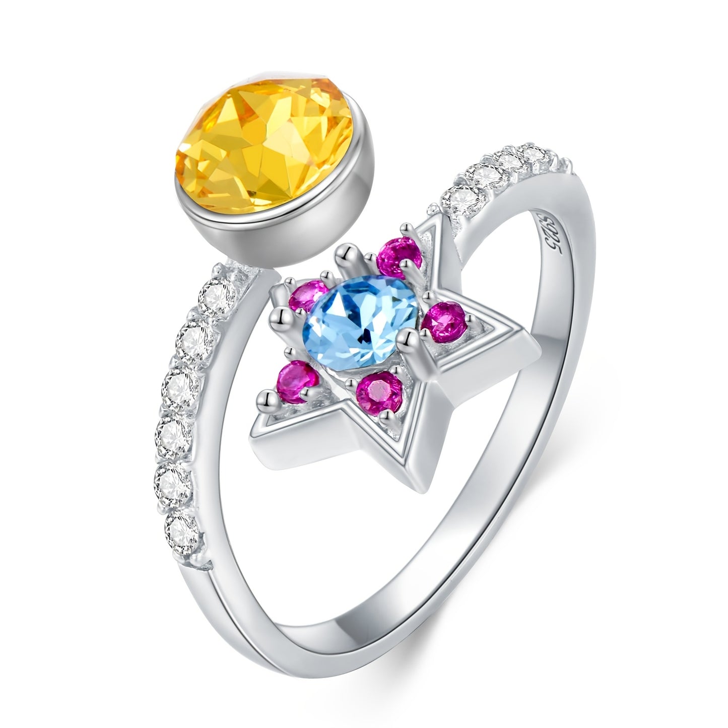 Dainty Star&Moon Crystal Rings for Women 925 Sterling Silver Colored Crystal Ring Gemstone White Gold Plated Ring for Women