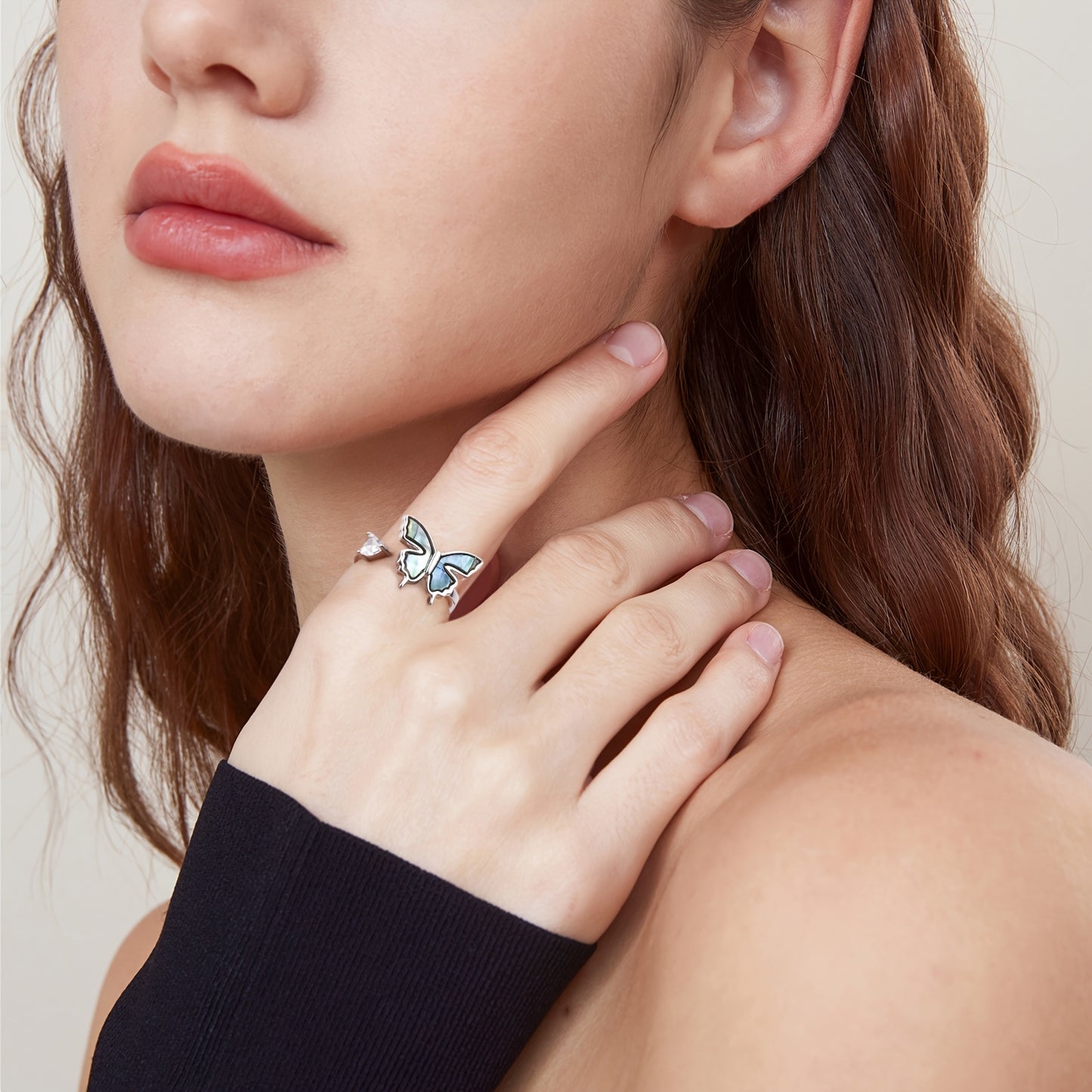 Women's S925 Pure Silvery Abalone Shell Butterfly Ring, Anxiety Ring, Rotatable Adjustable Ring, Women's Jewelry Birthday Gift