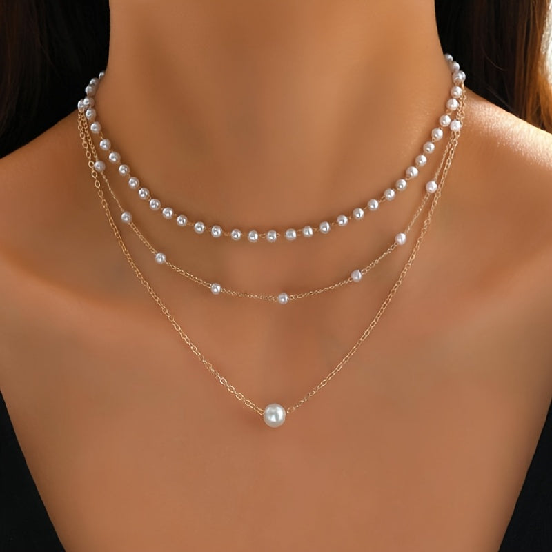 3pcs\u002FSet Graceful Minimalist Multi-Layered Artificial Pearl Charm Necklace Elegant Temperament Versatile Daily Banquet Party Wear Women's Jewelry, Mother's Day Gifts, Necklace for Women, Birthday Gift for Her