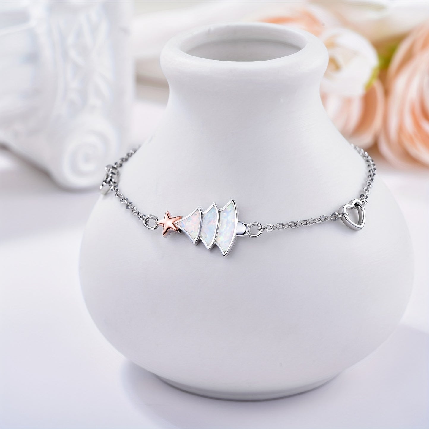 Christmas Tree Bracelet for Women, 925 Sterling Silvery Christmas Tree Bracelet with Adjustable Synthetic Australian Synthetic Opal Beads, Christmas Jewelry Gift for Ladies