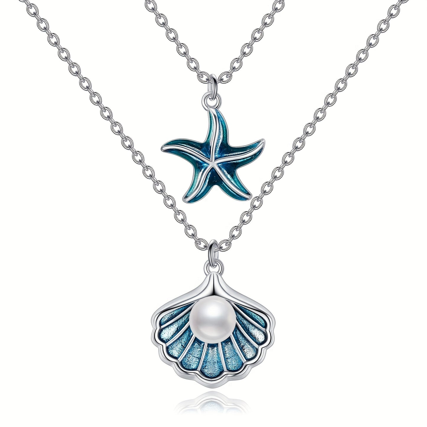 Shell Starfish Layered Necklace 925 Sterling Silver Pearl Seashell Starfish Double Layering Pendant Necklaces Ocean Jewelry for Women