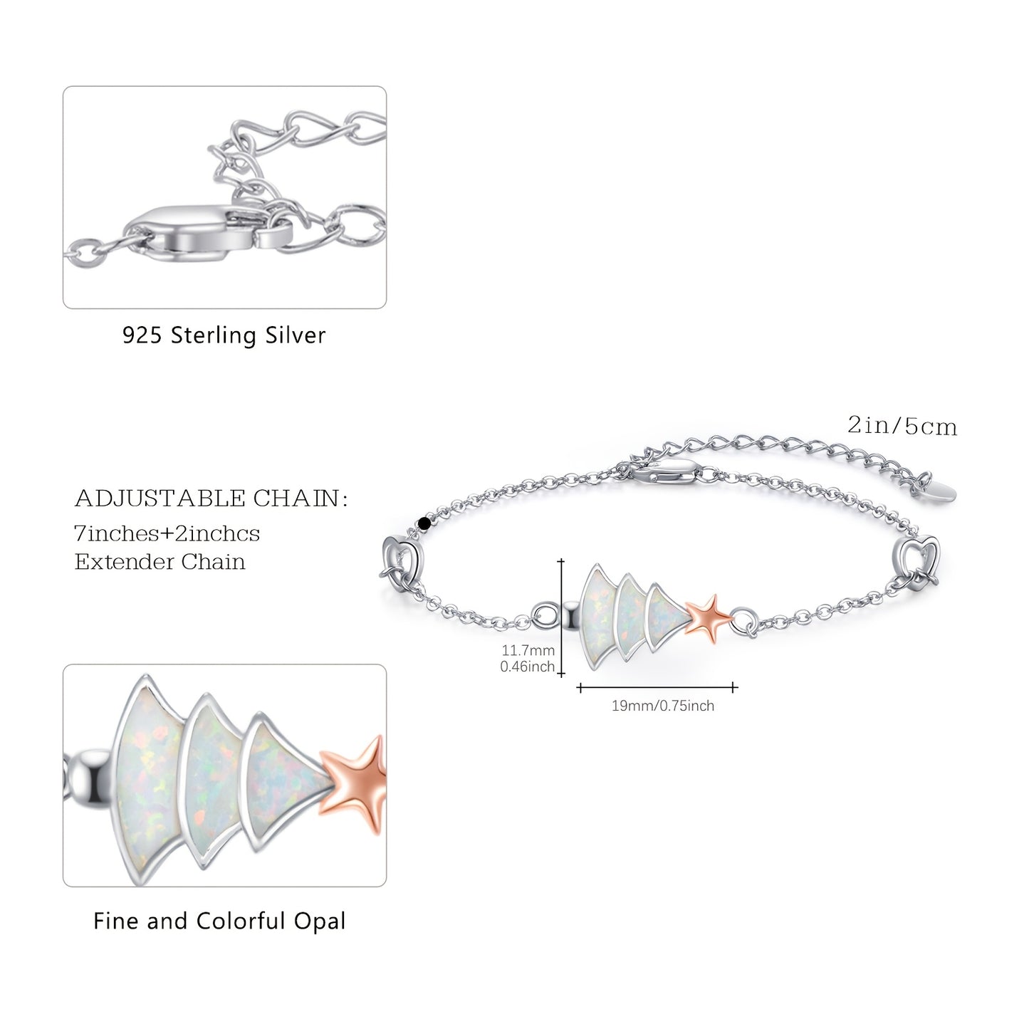Christmas Tree Bracelet for Women, 925 Sterling Silvery Christmas Tree Bracelet with Adjustable Synthetic Australian Synthetic Opal Beads, Christmas Jewelry Gift for Ladies